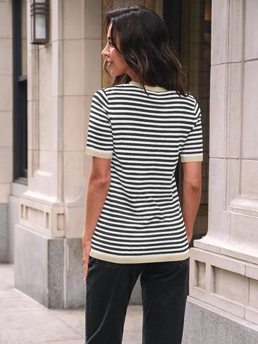 LILLUSORY Womens Striped Short Sleeve Sweater Pullover Shirts with Chest Pocket in Saudi Arabia