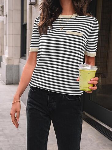 LILLUSORY Womens Striped Short Sleeve Sweater Pullover Shirts with Chest Pocket in Saudi Arabia