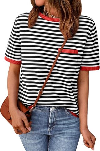 LILLUSORY Womens Striped Short Sleeve Sweater Pullover Shirts with Chest Pocket in Saudi Arabia