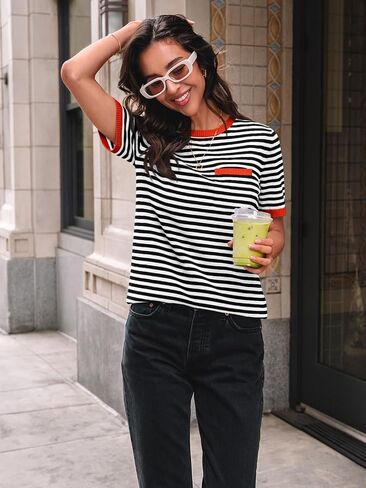 LILLUSORY Womens Striped Short Sleeve Sweater Pullover Shirts with Chest Pocket in Saudi Arabia