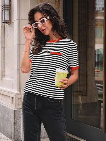LILLUSORY Womens Striped Short Sleeve Sweater Pullover Shirts with Chest Pocket in Saudi Arabia