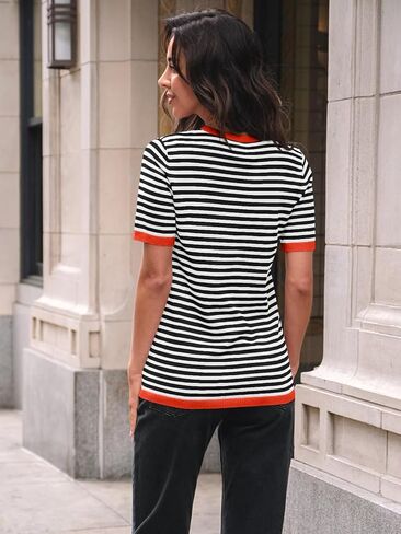 LILLUSORY Womens Striped Short Sleeve Sweater Pullover Shirts with Chest Pocket in Saudi Arabia