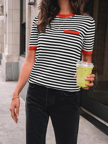 LILLUSORY Womens Striped Short Sleeve Sweater Pullover Shirts with Chest Pocket in Saudi Arabia