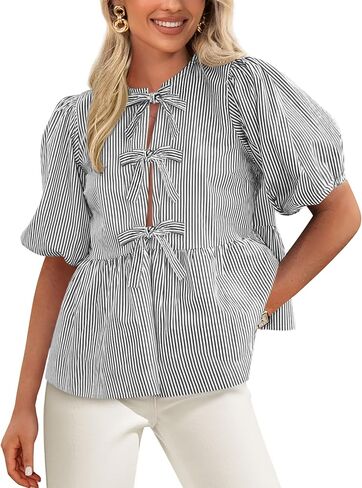 PRETTYGARDEN Women's Summer Tie Front Striped Shirt 2025 Trendy Cute Babydoll Tops Fashion Peplum Puffy Sleeve Blouse in Saudi Arabia