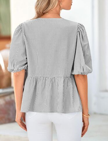 PRETTYGARDEN Women's Summer Tie Front Striped Shirt 2025 Trendy Cute Babydoll Tops Fashion Peplum Puffy Sleeve Blouse in Saudi Arabia