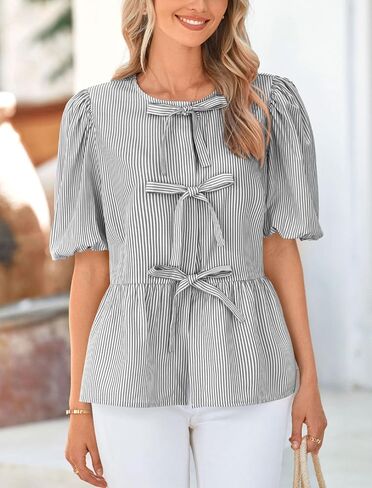 PRETTYGARDEN Women's Summer Tie Front Striped Shirt 2025 Trendy Cute Babydoll Tops Fashion Peplum Puffy Sleeve Blouse in Saudi Arabia