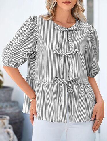 PRETTYGARDEN Women's Summer Tie Front Striped Shirt 2025 Trendy Cute Babydoll Tops Fashion Peplum Puffy Sleeve Blouse in Saudi Arabia