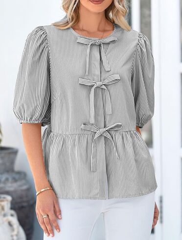 PRETTYGARDEN Women's Summer Tie Front Striped Shirt 2025 Trendy Cute Babydoll Tops Fashion Peplum Puffy Sleeve Blouse in Saudi Arabia