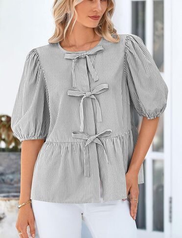 PRETTYGARDEN Women's Summer Tie Front Striped Shirt 2025 Trendy Cute Babydoll Tops Fashion Peplum Puffy Sleeve Blouse in Saudi Arabia
