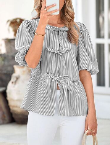 PRETTYGARDEN Women's Summer Tie Front Striped Shirt 2025 Trendy Cute Babydoll Tops Fashion Peplum Puffy Sleeve Blouse in Saudi Arabia
