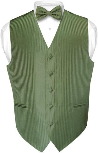 Vesuvio Napoli Men's Dress Vest & BOWTie OLIVE GREEN Color Vertical Striped Design Set in Kuwait