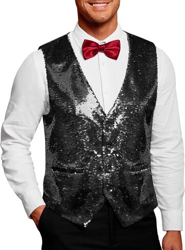 COOFANDY Men's Sequins Vest Slim Fit Christmas Party Vest Shiny Dress Waistcoat for Wedding, 80s 90s Prom,Events in Saudi Arabia
