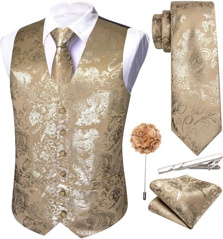 Barry.Wang Mens Shiny Disco Vests Party Nightclub Paisley Metallic Gothic Vest Tie Handkerchief Cufflink Clip Brooch 6PCS in Saudi Arabia
