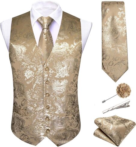 Barry.Wang Mens Shiny Disco Vests Party Nightclub Paisley Metallic Gothic Vest Tie Handkerchief Cufflink Clip Brooch 6PCS in Saudi Arabia