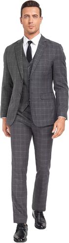Men's Suit Set,3 Pieces Plaid Suit for Men Slim Fit Formal Bussiness Wedding Suit Prom Tuxedos Suit Blazer Vest Pant in Kuwait