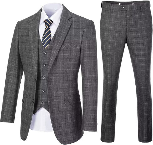 Men's Suit Set,3 Pieces Plaid Suit for Men Slim Fit Formal Bussiness Wedding Suit Prom Tuxedos Suit Blazer Vest Pant in Kuwait