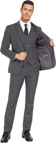 Men's Suit Set,3 Pieces Plaid Suit for Men Slim Fit Formal Bussiness Wedding Suit Prom Tuxedos Suit Blazer Vest Pant in Kuwait
