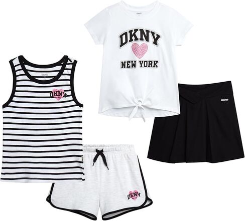 DKNY Girls Short Sets - 4 Piece Short Sleeve Shirt, Athletic Tank Top, Dolphin Shorts and Tennis Skirt Clothing Set for Girls in Saudi Arabia