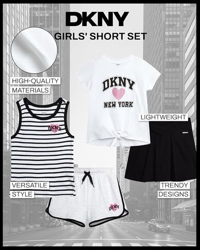 DKNY Girls Short Sets - 4 Piece Short Sleeve Shirt, Athletic Tank Top, Dolphin Shorts and Tennis Skirt Clothing Set for Girls in Saudi Arabia