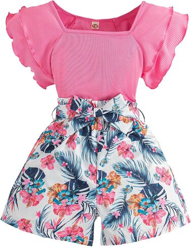 Girls 2 Piece Outfits Summer Clothes Ruffle Short Sleeve Shirts Top and High Waist Floral Shorts Set with Belt in Saudi Arabia