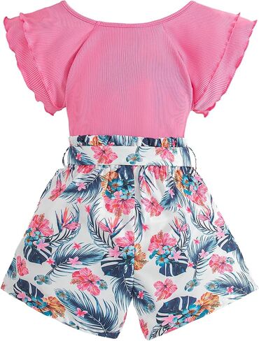 Girls 2 Piece Outfits Summer Clothes Ruffle Short Sleeve Shirts Top and High Waist Floral Shorts Set with Belt in Saudi Arabia