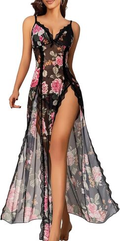 Women Lingerie Lace Babydoll Chemise Nightwear Sexy Mesh Nightdress Side Split Nightgown in Kuwait