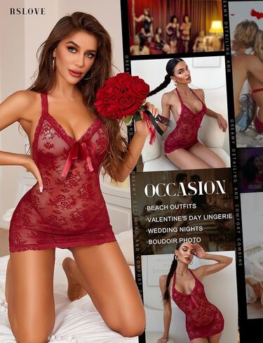 RSLOVE للنساء الملابس الداخلية الدانتيل Babydoll - HALTER MINI Dress ثوب نومه مع القوس واللؤلؤ لهجات للحظات الخاصة in Kuwait