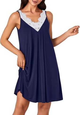 LYANER Women's Nightgown V Neck Lace Trim Chemise Sleepwear Lingerie Tank Dress Nightwear in Saudi Arabia