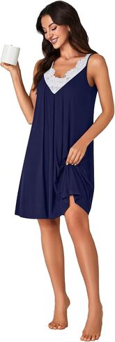 LYANER Women's Nightgown V Neck Lace Trim Chemise Sleepwear Lingerie Tank Dress Nightwear in Saudi Arabia