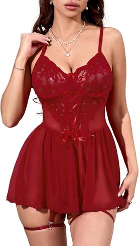 Babydoll Lingerie for Women Lace underwire uss Up Bra Lingerie Dress Dress Chemise with Garter Boudoir Lightgown in Kuwait