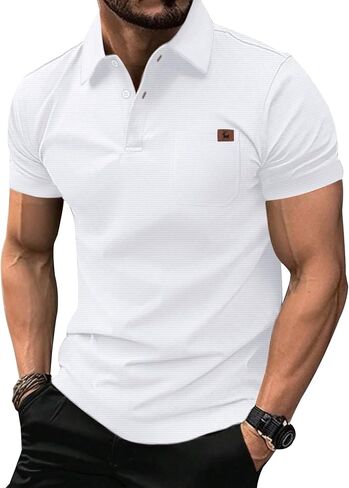 GEEK LIGHTING Mens Waffle Texture Polo Shirts Short Sleeve Casual T-Shirts Moisture Wicking Collared Golf Shirt with Pocket in Kuwait