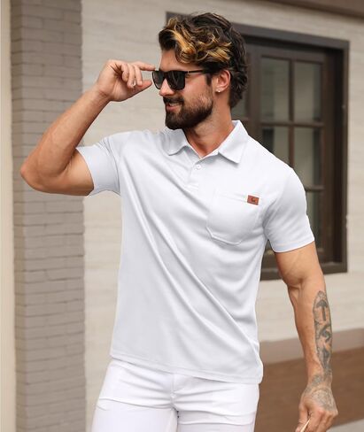GEEK LIGHTING Mens Waffle Texture Polo Shirts Short Sleeve Casual T-Shirts Moisture Wicking Collared Golf Shirt with Pocket in Kuwait