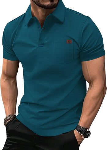GEEK LIGHTING Mens Waffle Texture Polo Shirts Short Sleeve Casual T-Shirts Moisture Wicking Collared Golf Shirt with Pocket in Kuwait