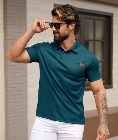 GEEK LIGHTING Mens Waffle Texture Polo Shirts Short Sleeve Casual T-Shirts Moisture Wicking Collared Golf Shirt with Pocket in Kuwait