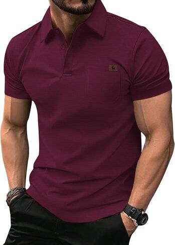 GEEK LIGHTING Mens Waffle Texture Polo Shirts Short Sleeve Casual T-Shirts Moisture Wicking Collared Golf Shirt with Pocket in Kuwait