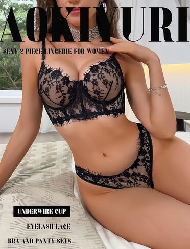 Sexy 2 Piece Lingerie for Women Underwire Eyelash Lace Mesh Matching Bra and Panty Sets Push Up Boned Bralette in Saudi Arabia