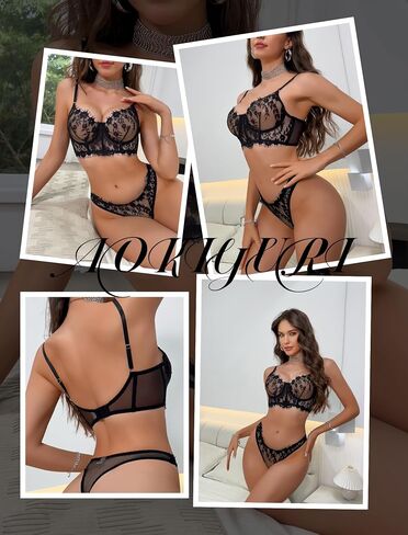 Sexy 2 Piece Lingerie for Women Underwire Eyelash Lace Mesh Matching Bra and Panty Sets Push Up Boned Bralette in Saudi Arabia