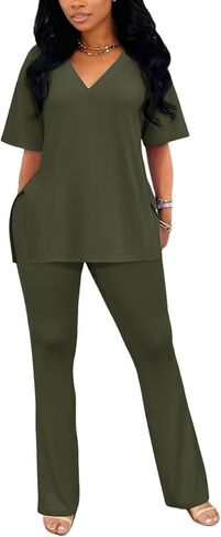 acelyn Women's 2 Piece Outfits Summer V Neck Oversized Split Tops Flare Legging Pants Casual Tracksuit Lounge Sets Sweatsuits in Saudi Arabia