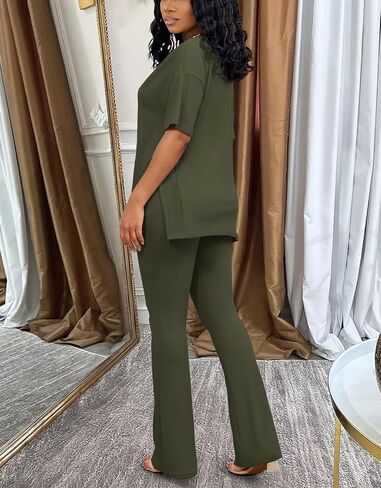 acelyn Women's 2 Piece Outfits Summer V Neck Oversized Split Tops Flare Legging Pants Casual Tracksuit Lounge Sets Sweatsuits in Saudi Arabia