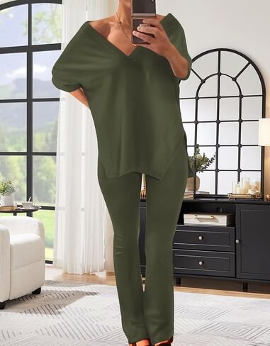 acelyn Women's 2 Piece Outfits Summer V Neck Oversized Split Tops Flare Legging Pants Casual Tracksuit Lounge Sets Sweatsuits in Saudi Arabia