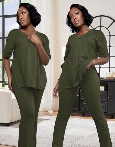 acelyn Women's 2 Piece Outfits Summer V Neck Oversized Split Tops Flare Legging Pants Casual Tracksuit Lounge Sets Sweatsuits in Saudi Arabia