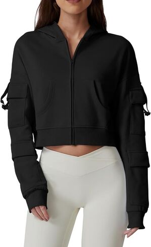 QINSEN Hoodies for Women Full Zip Up Cropped Jacket Long Sleeves with Cargo Pockets Sweatshirts Tops in Saudi Arabia