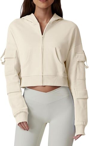 QINSEN Hoodies for Women Full Zip Up Cropped Jacket Long Sleeves with Cargo Pockets Sweatshirts Tops in Saudi Arabia
