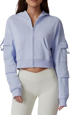 QINSEN Hoodies for Women Full Zip Up Cropped Jacket Long Sleeves with Cargo Pockets Sweatshirts Tops in Saudi Arabia