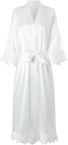 Women's Long Bride Bridesmaid Robes with Lace Trim Embroidery Bridal Silky Satin Kimono Wedding Party Bathrobe in Saudi Arabia