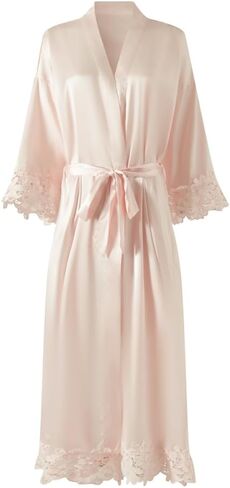Women's Long Bride Bridesmaid Robes with Lace Trim Embroidery Bridal Silky Satin Kimono Wedding Party Bathrobe in Saudi Arabia