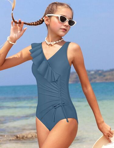 NAPU Girls Swimsuit Ruffle V Neck One Piece Swimsuits Ruched Solid Bathing Suit for Girls Quick Dry Beach Swimwear 9-16 Years in Saudi Arabia