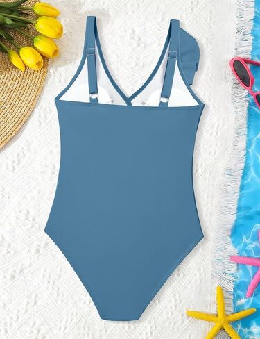 NAPU Girls Swimsuit Ruffle V Neck One Piece Swimsuits Ruched Solid Bathing Suit for Girls Quick Dry Beach Swimwear 9-16 Years in Saudi Arabia