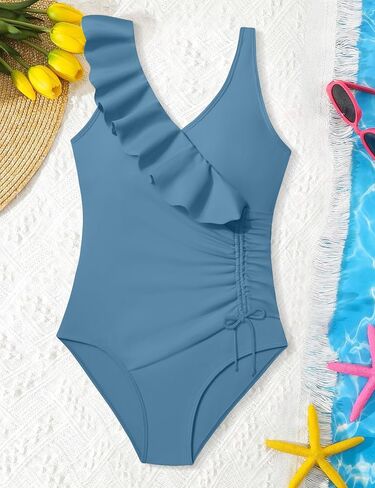 NAPU Girls Swimsuit Ruffle V Neck One Piece Swimsuits Ruched Solid Bathing Suit for Girls Quick Dry Beach Swimwear 9-16 Years in Saudi Arabia