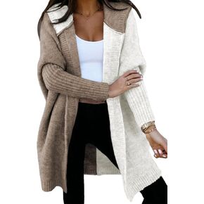 Astylish Women 2025 Open Front Long Sleeve Hooded Knit Cardigan Sweaters Color Block Outwear Coats